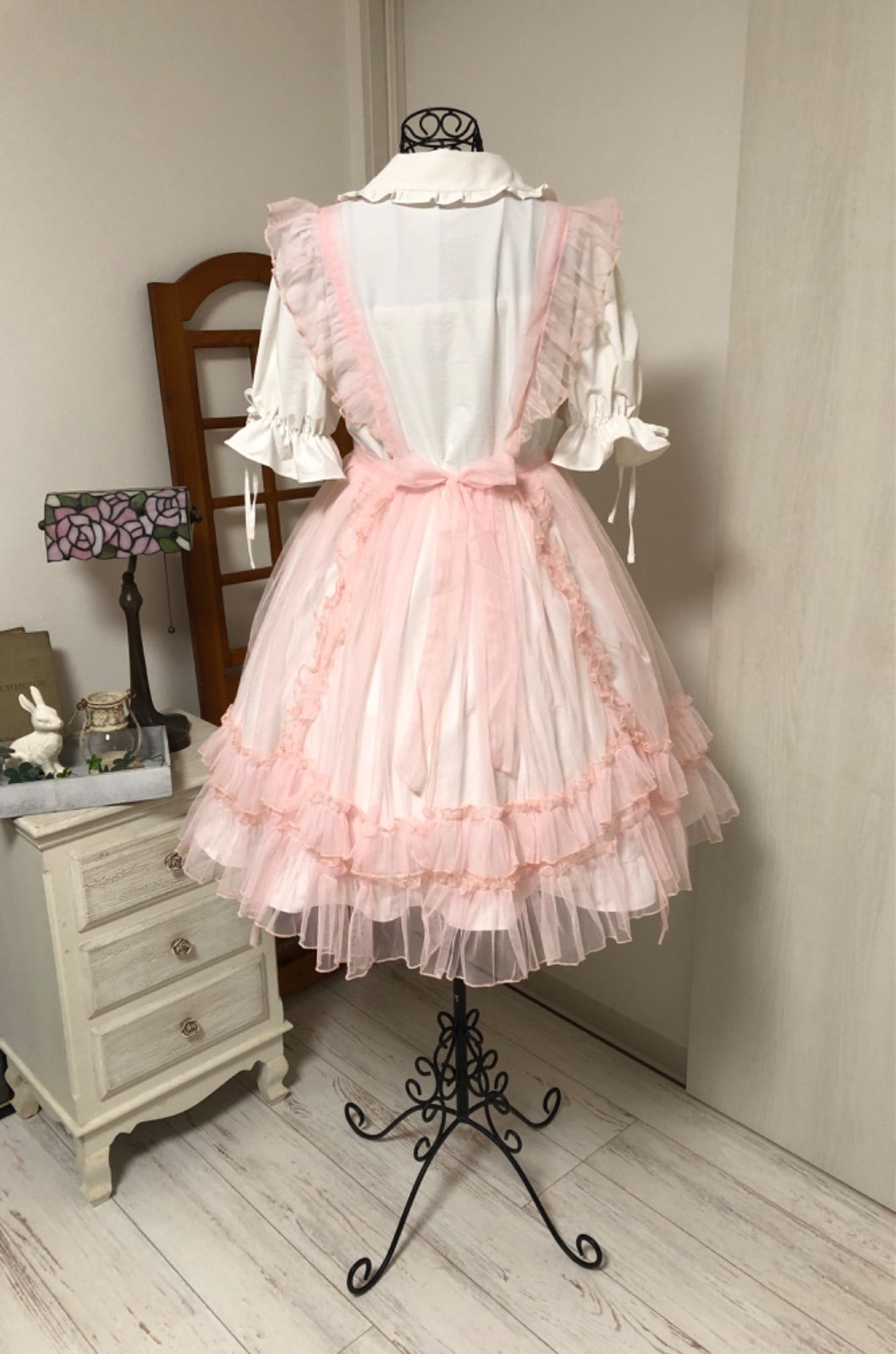 ピンク チュールレース 3Wayフリルエプロン オーバースカート タブリエ