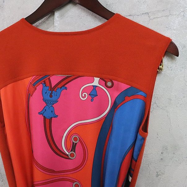 広尾店 エルメス HERMES 切替ベルト付きワンピース シルク×ウール size34 17216