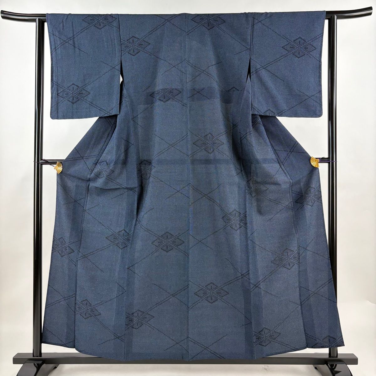 紬 身丈157.5cm 裄丈62cm S 薄物 夏紬 花菱 紺色 正絹 秀品