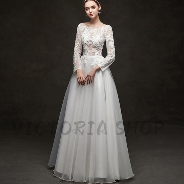 ウエディングドレス Aライン 長袖 レース 透かし彫り 背開き ロングドレス 花嫁 結婚式ドレス シンプル 優雅 エレガント 二次会ドレス 披露宴