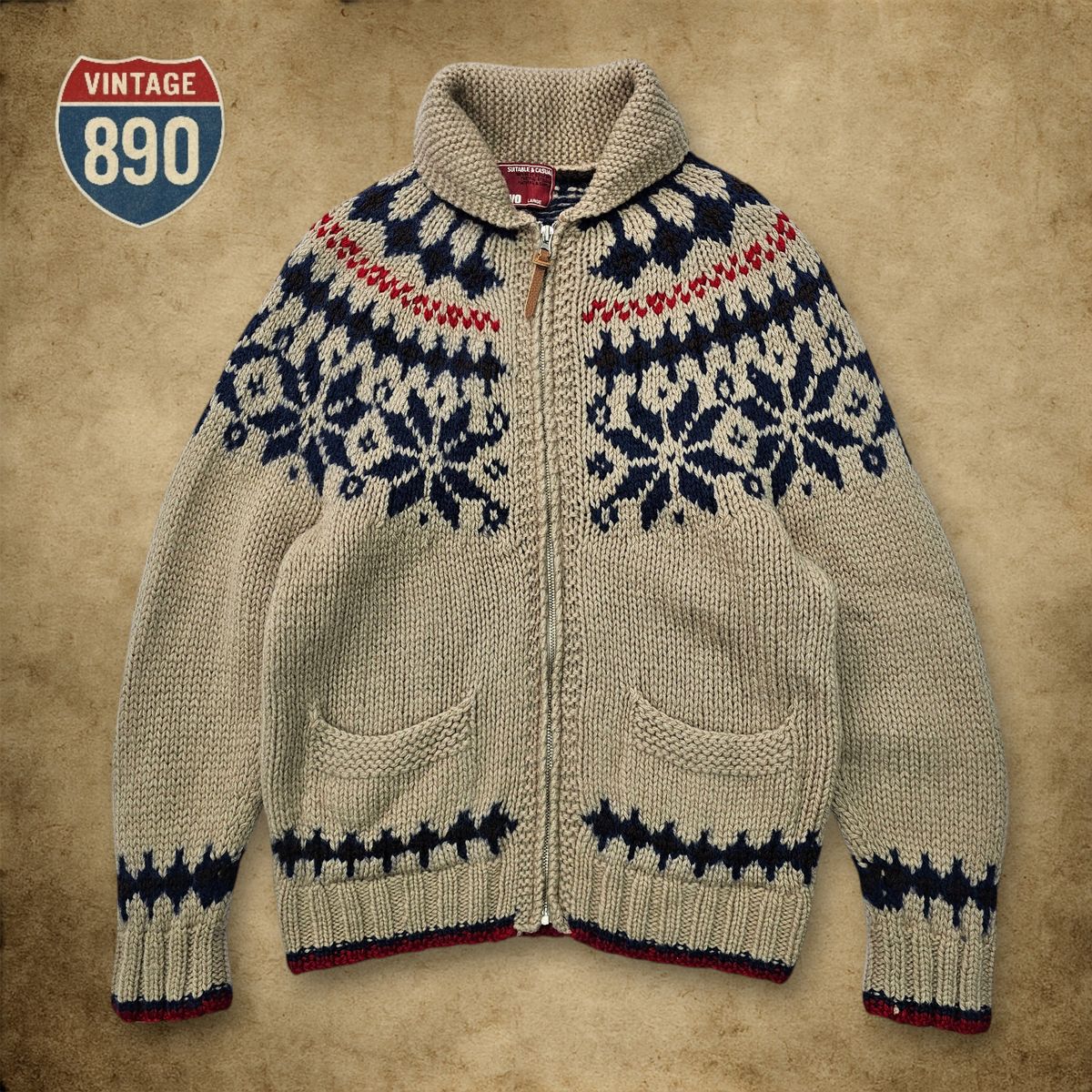 90 95 JPN ウール フェアアイル カウチンニット ジップアップ セーター