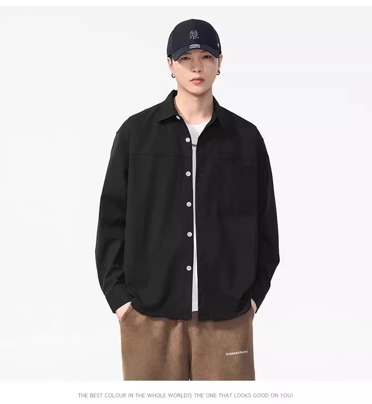 メンズ 感 ノーアイロン長袖シャツ 秋カジュアル ワイドシルエット 工装風 シャツ カーキ グレー ブラック