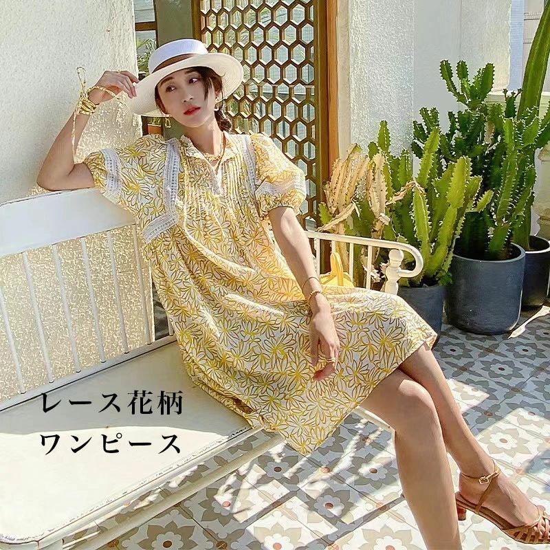 レースワンピース 半袖 カジュアルワンピース シフォン上品 花柄 体型カバー ナチュラル 春夏 レディース ゆったり 締め付けない ハ