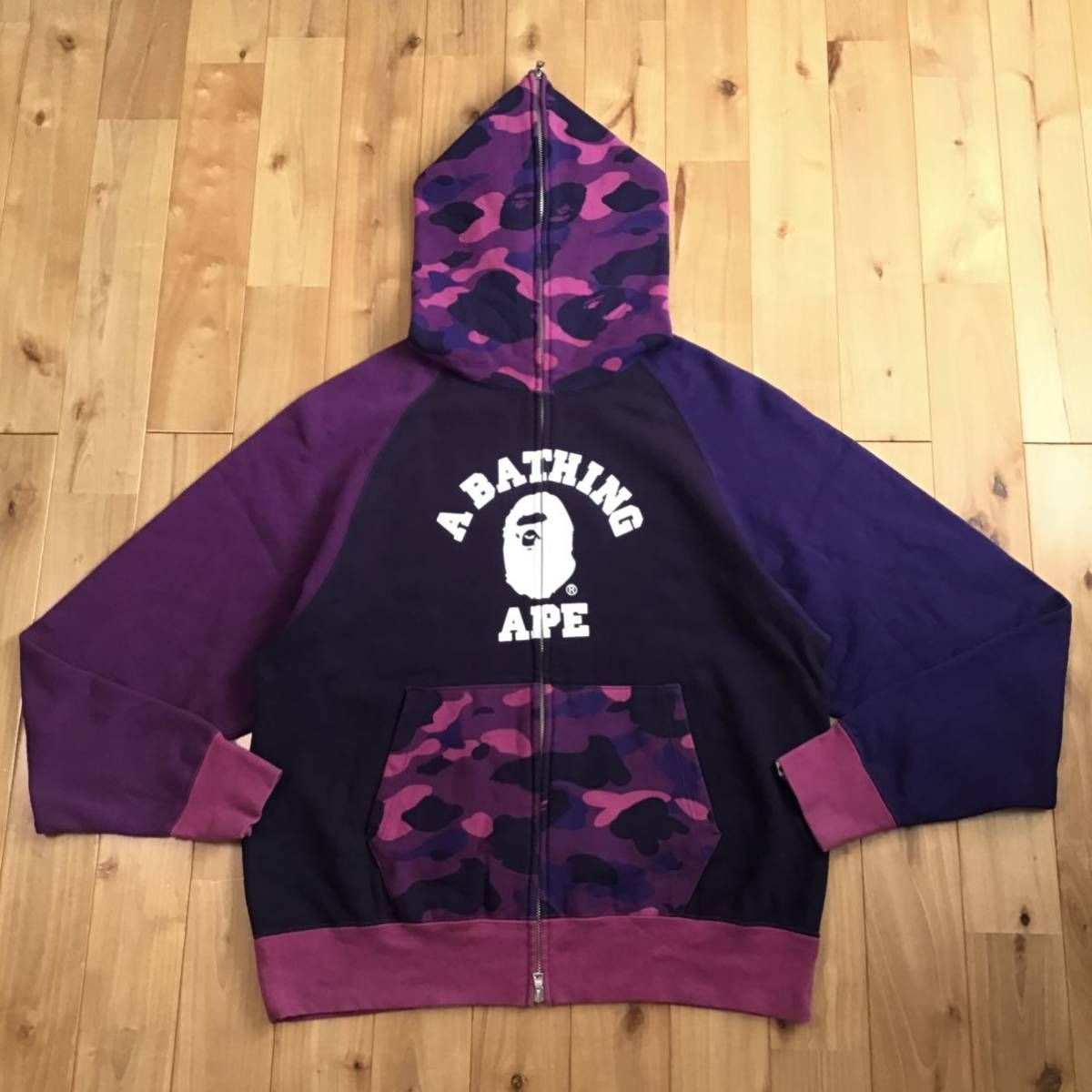 Purple camo カレッジロゴ クレイジー パーカー Lサイズ a bathing ape