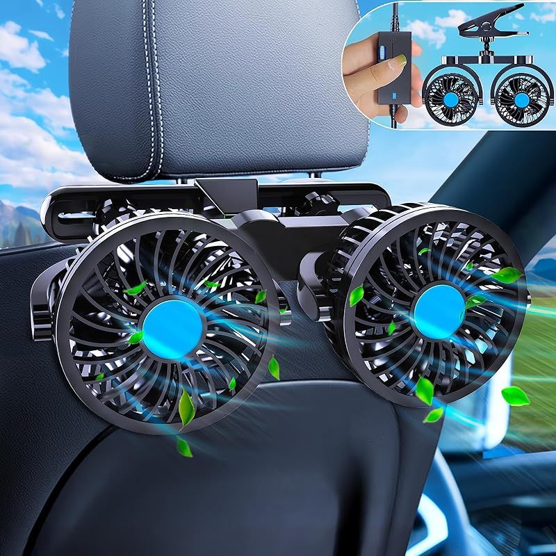 offeree 車載扇風機 車 扇風機 2024配線延長版 無段階風量調節 車用扇風機 低騒音 ４インチ 角度調整可能 車 ファン リアフロント対応 DC12Vシガーソケット仕様 ツインファン 取付簡単 夏対策 車