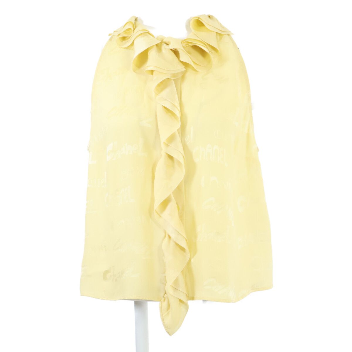 CHANEL シャネル 22SS P72306V63957 シルク ロゴ総柄 ノースリーブ フリル 40