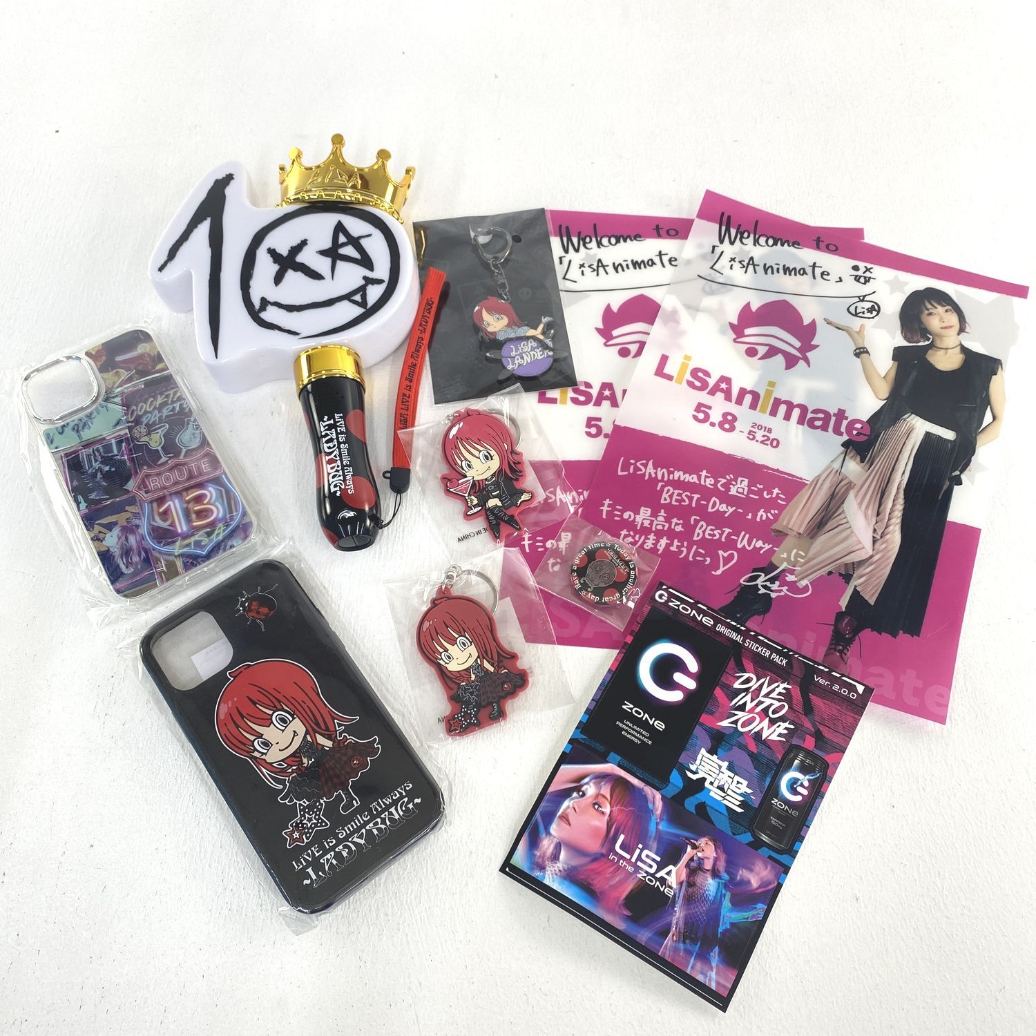 LiSA グッズ まとめ iPhoneケース キーホルダー ペンライト ステッカー クリアポスター カクテルパーティー LADYBUG zone アニメイト 加古川物流 366