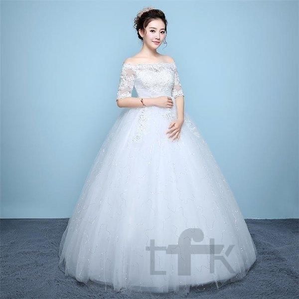 ウエディングドレス安いaライン白袖あり編み上げレース花嫁結婚式ハイウエストマタニティ用パーティードレス二次会ロング丈イブニングドレ