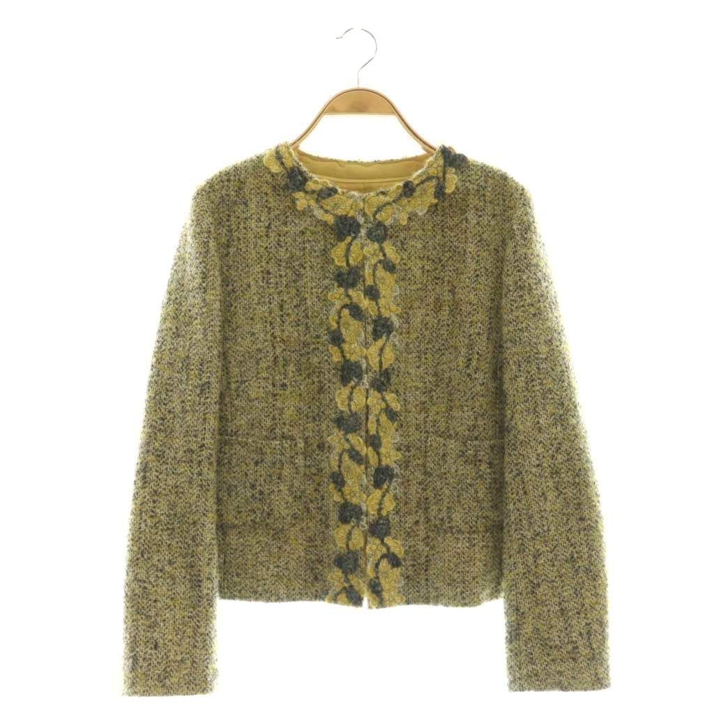 ハナエモリ ジャケット ハナエモリ HANAE MORI フラワー刺繍ツイードノーカラー