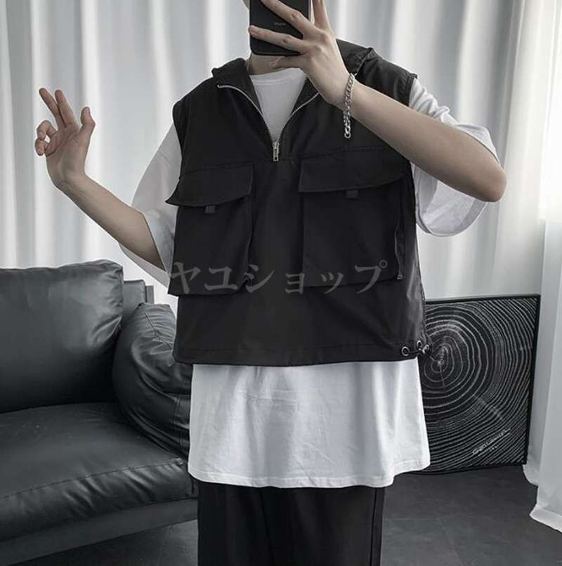 サマーベスト フード付き メンズ サマーパーカー 大きいポケット パーカー ノースリーブ 夏 ベスト プルオーバー ゆったり ジレベスト レトロ aozhansm01 SAO8416