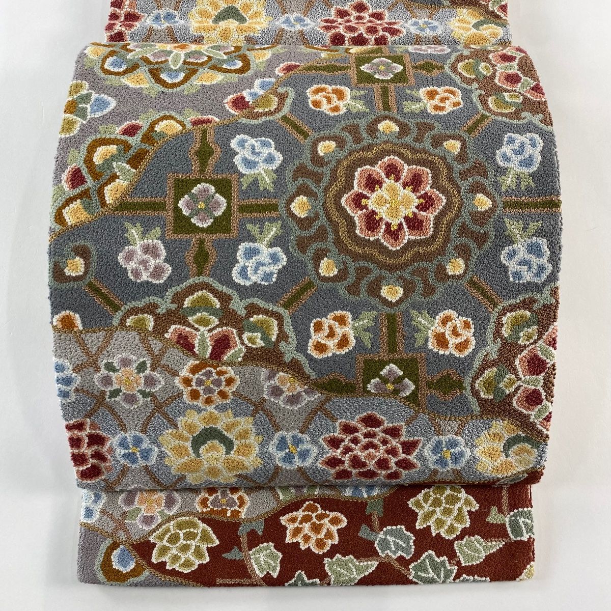 袋帯 華文 草花 相良刺繍 青灰色 六通 正絹