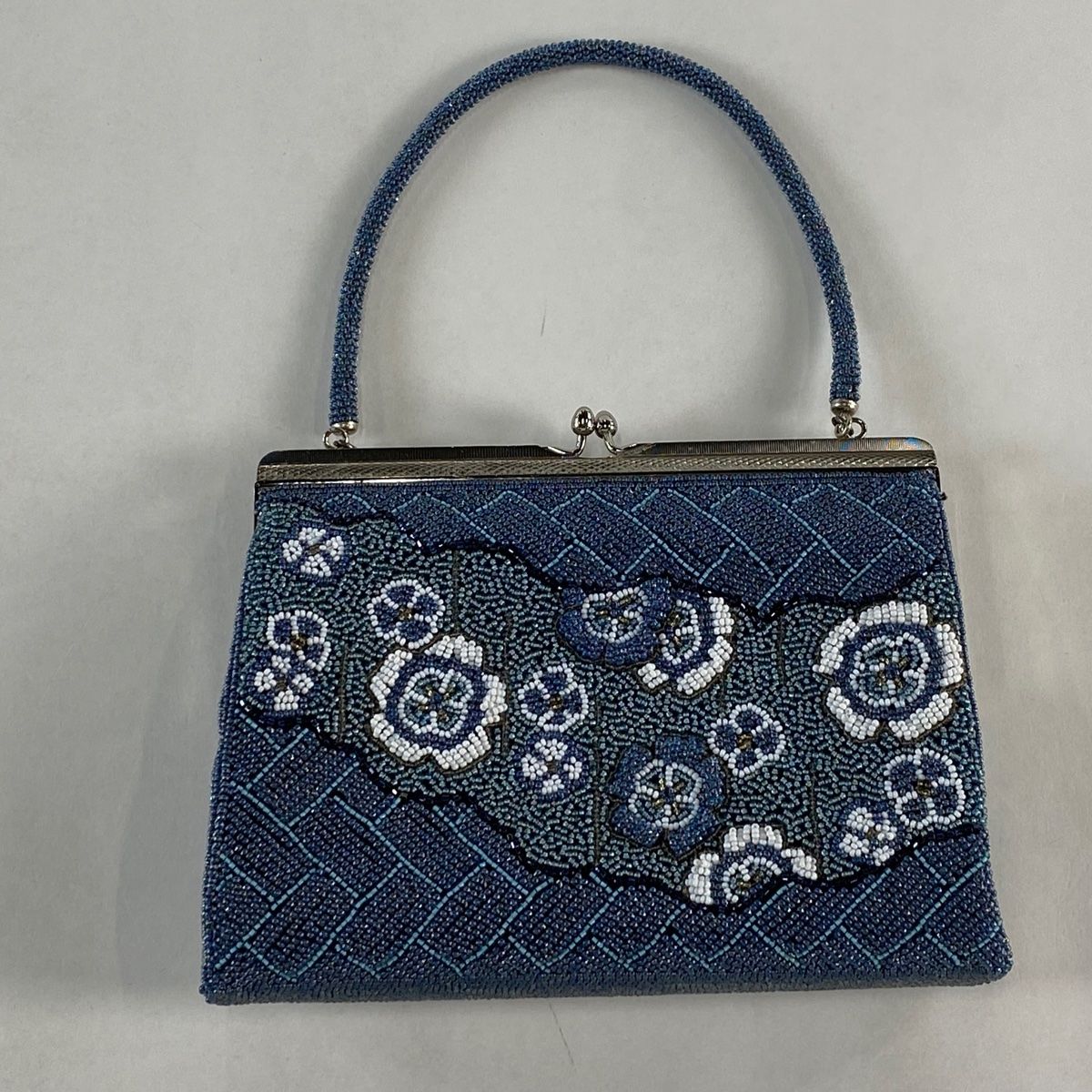 和装バッグ 美品 優品 ビーズバッグ 草花 青灰色 ビーズ 和装小物 【中古】