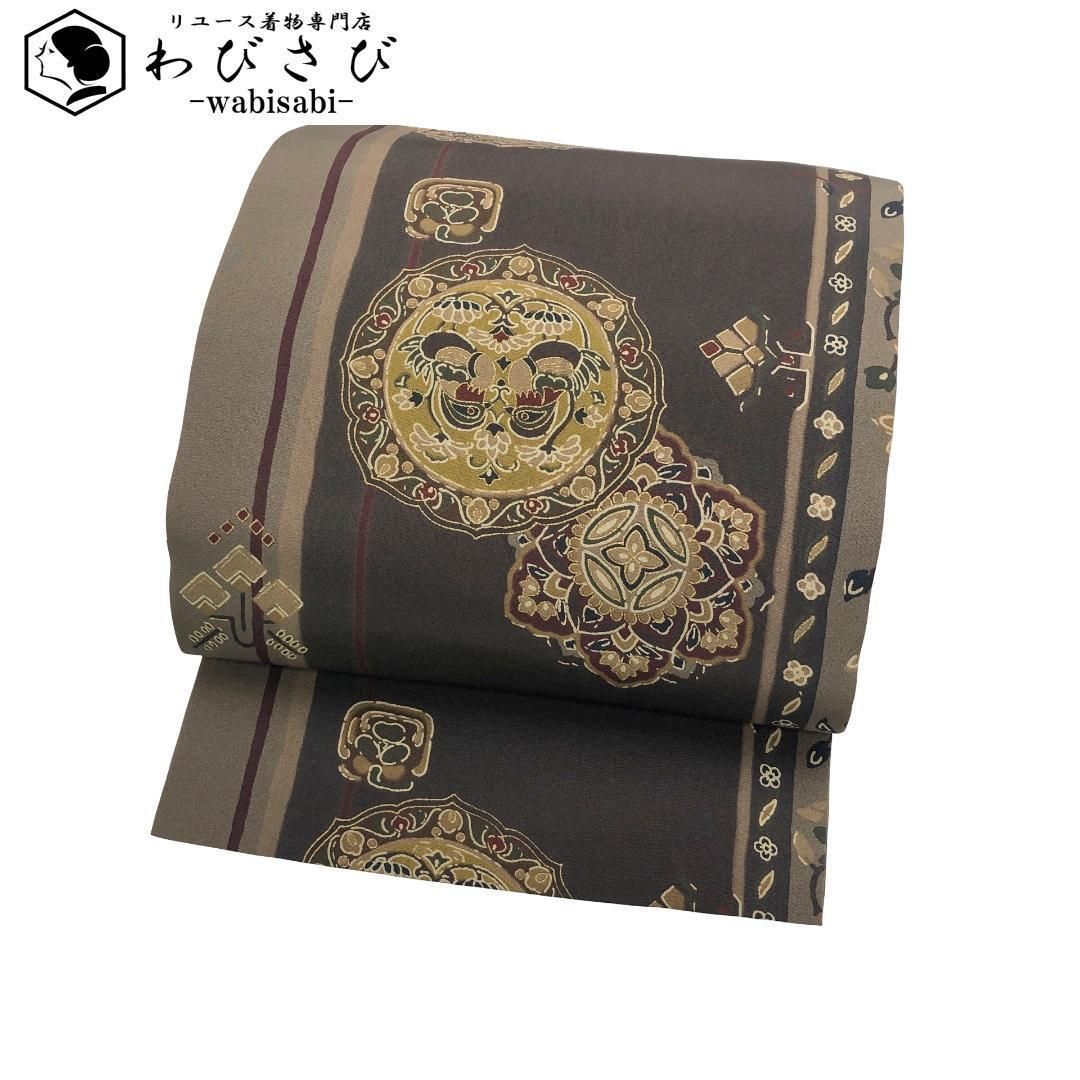 名古屋帯 華柄模様 鳥 茶色 縮緬 長尺 O-5518