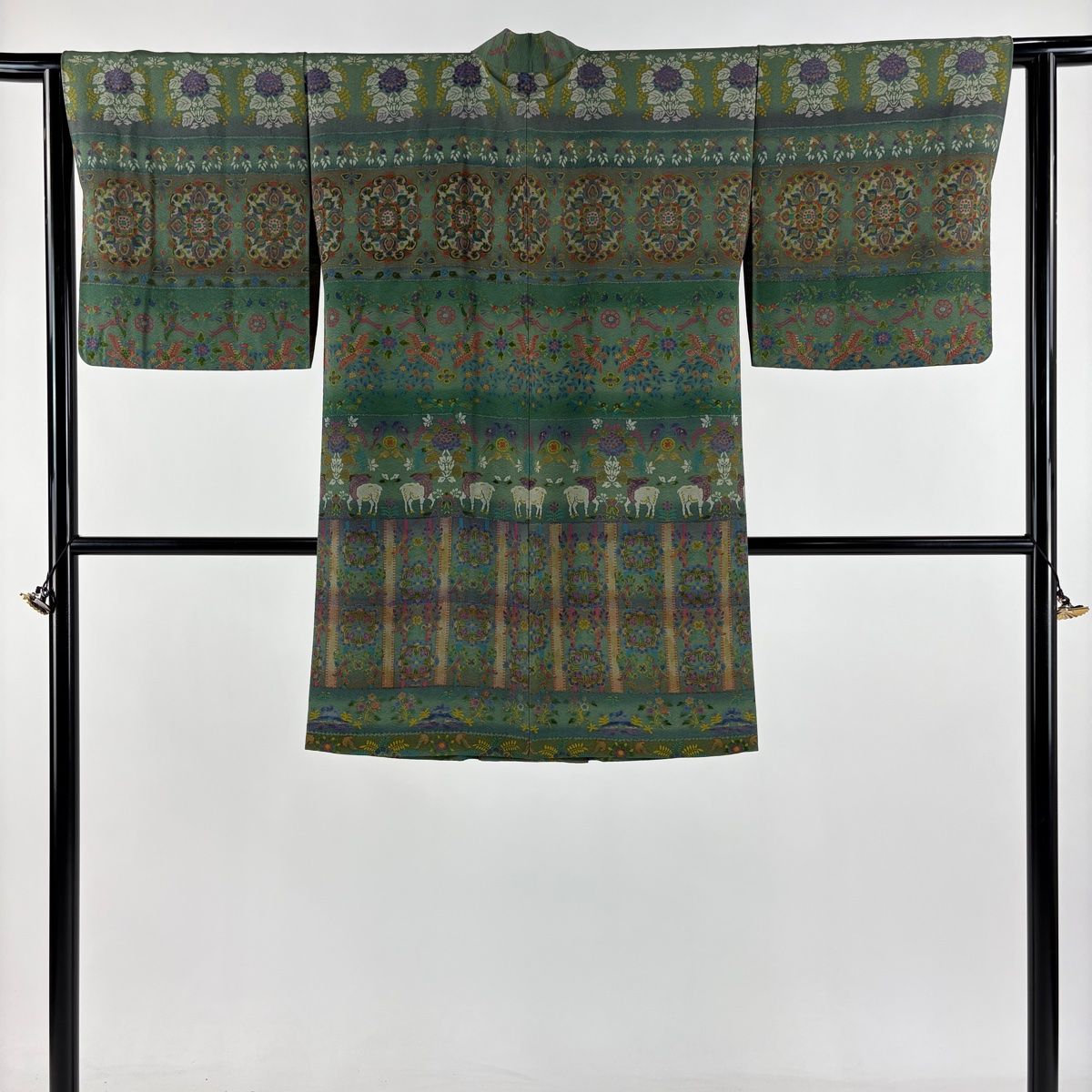 道中着 身丈91cm 裄丈63cm S 和装コート 動物 草花 ぼかし 緑 正絹 秀品