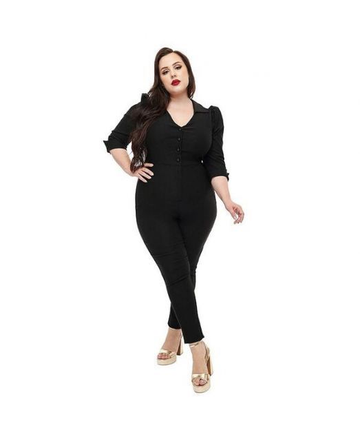 【送料無料】 ユニークビンテージ レディース カジュアルパンツ ボトムス Plus Size Puff Sleeve Jumpsuit Black