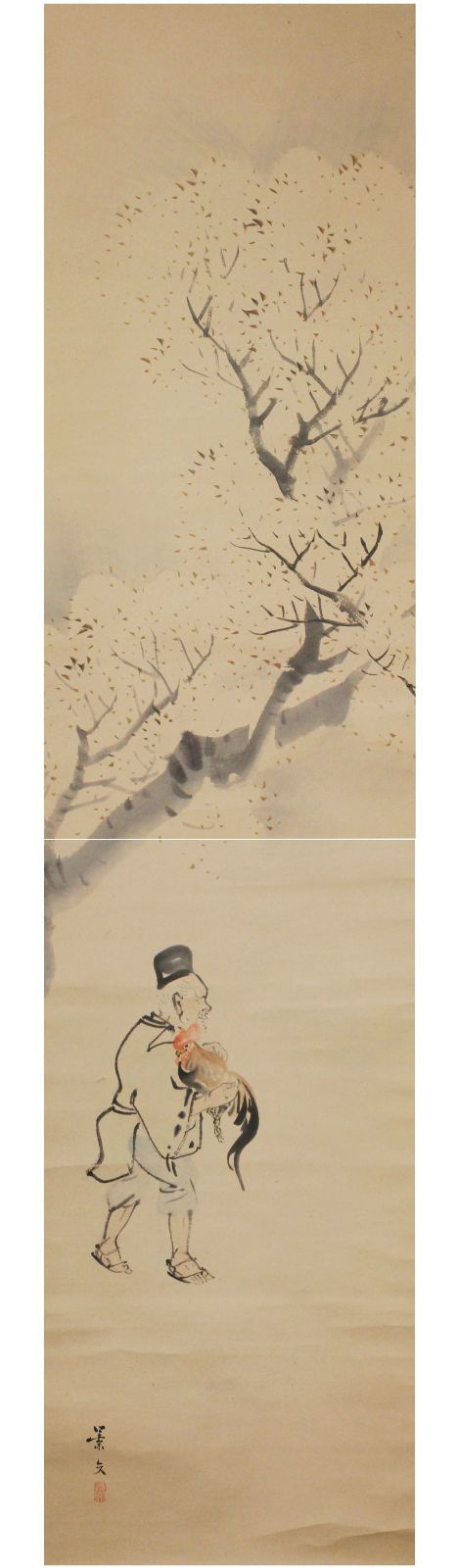 源・M》江戸期・古画 巨匠 松村景文 筆「桜人物・鶏図」・横山清
