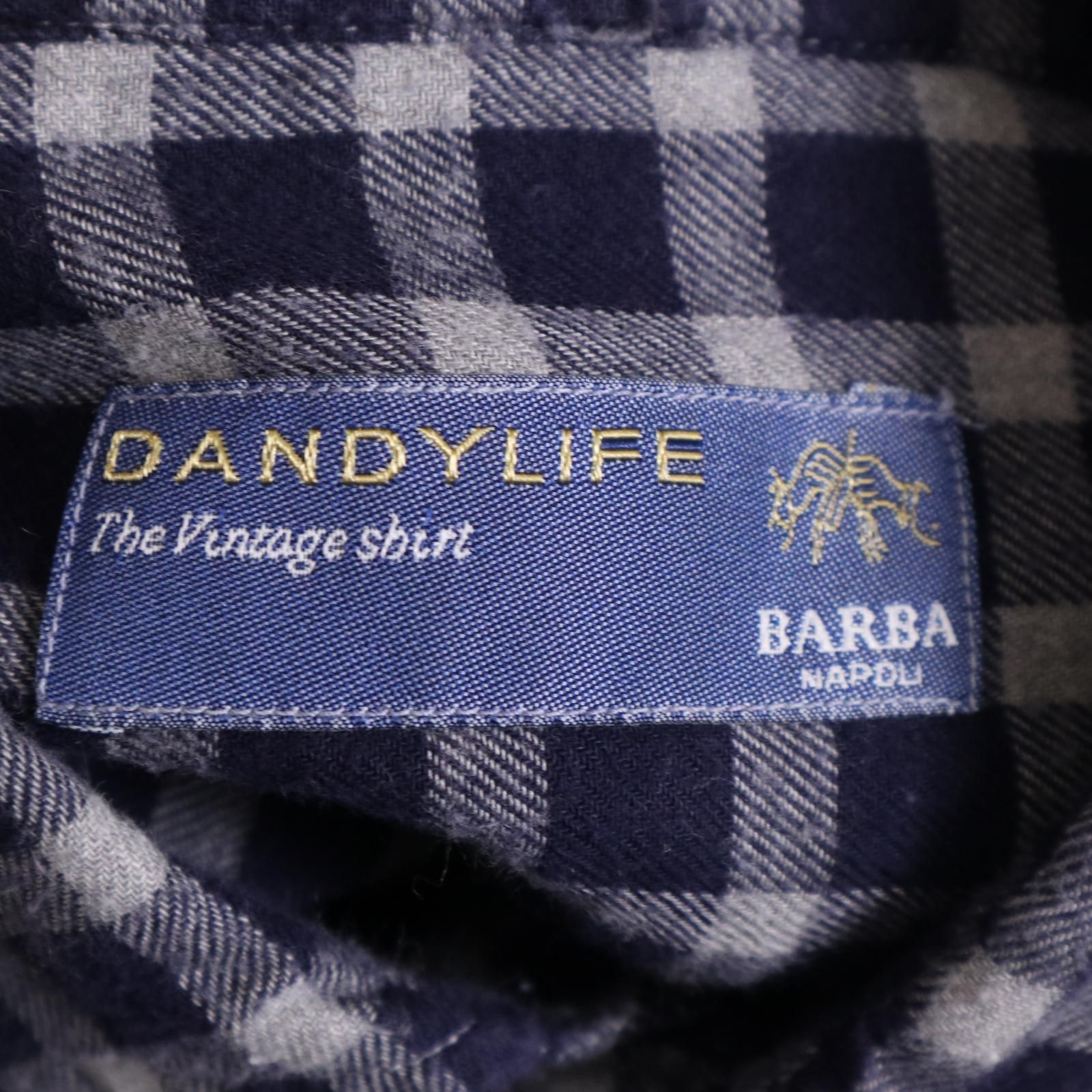 BARBA DANDY LIFE バルバ ダンディーライフ ネイビー ホリゾンタルカラー ネルシャツ チェック コットン 表記サイズ37　【2407】