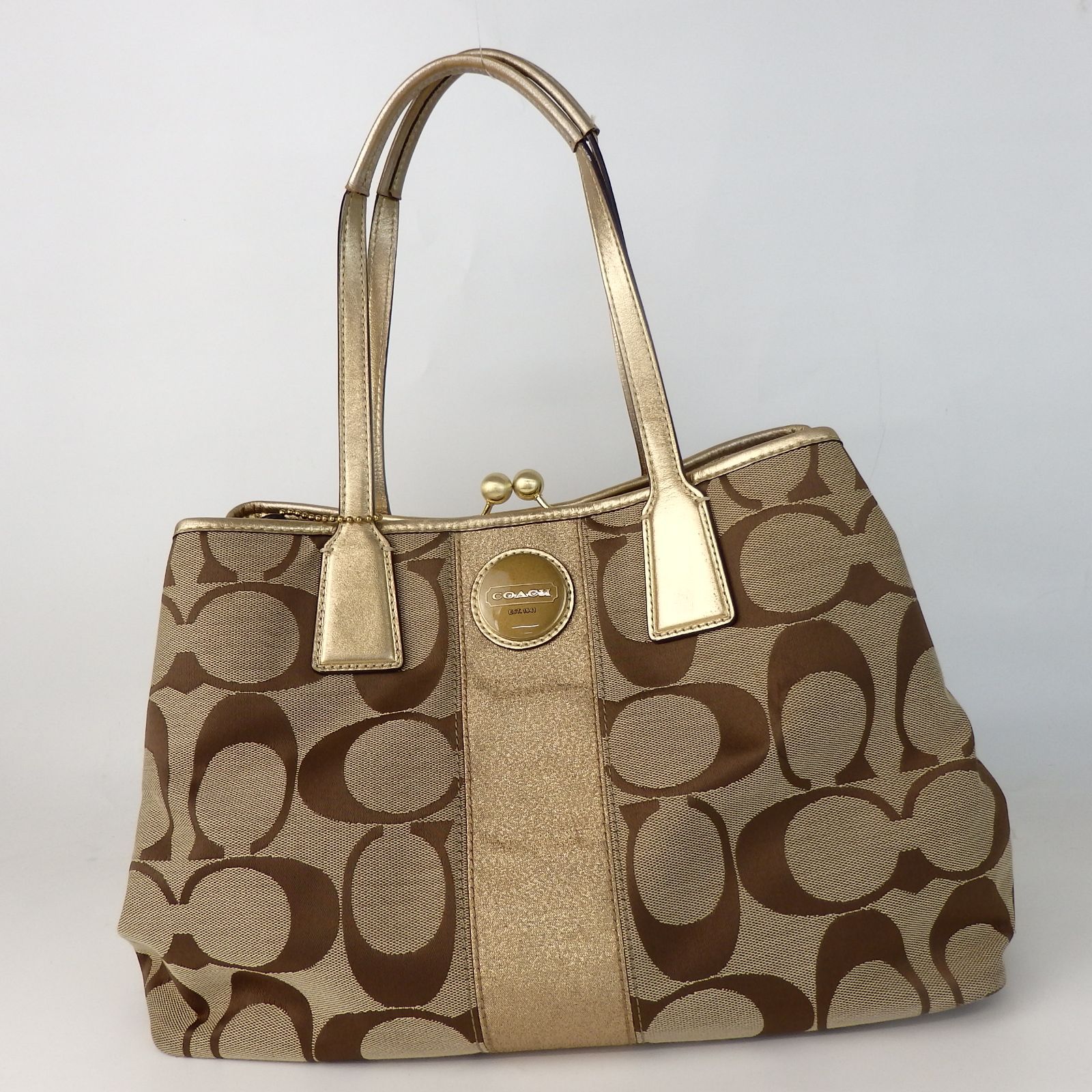 COACH】コーチシグネチャー トートバッグ がま口 ブラウン キャンバス 
