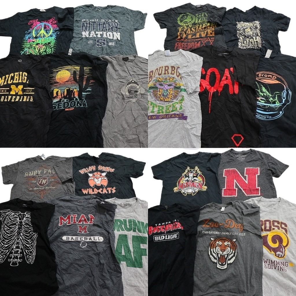 古着卸 まとめ売り 黒・グレー ボディ プリント 半袖Tシャツ 20枚セット (メンズ S /M ) ピースマーク カレッジ風 スカル 中古 古着 MY9679