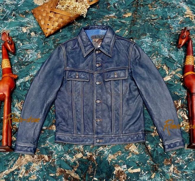 ☆人気 藍染 インディゴ 茶芯 ブリーチ レザー ジャケット LEE