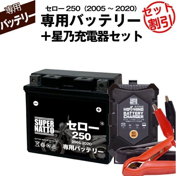 バッテリー＋充電器セット セロー250 2005～2020年式 シールド型 星乃充電器 スーパーナット