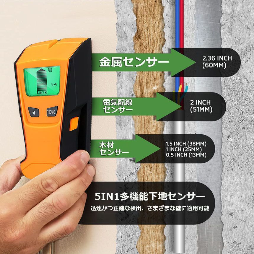 下地センサー 下地探し 壁うら探し 一台三役 木材 金属 AC電源探知 自動オフ機能 日本語取扱説明書付き