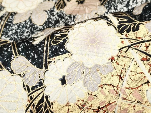平和屋着物○訪問着 草花文 たたき染め 黒地 金彩 正絹 逸品