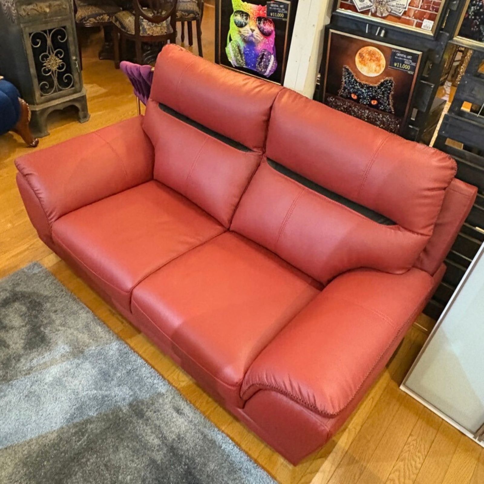 2Pソファ ミッドセンチュリースタイル レッド×ブラック ハイグレードエアレザー ステンレス脚 ARRIVO SELECT