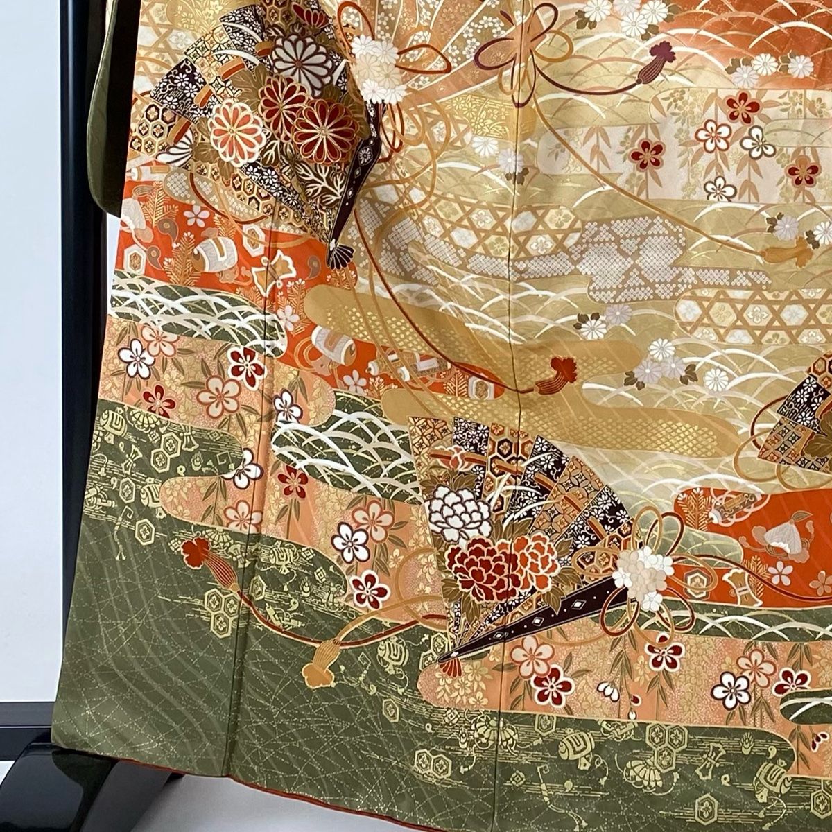 振袖　広衿　袷　金彩　裄長　ロング丈　裄67.5cm　丈162.5cm 振袖 身丈162.5cm 裄丈67cm M 袷 袋帯フルセット 桜 扇 金彩