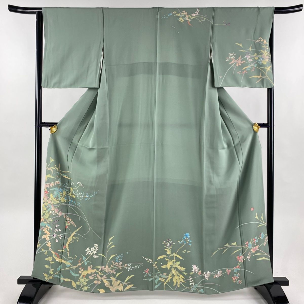 訪問着 身丈162.5cm 裄丈65cm M 袷 落款 草花 灰緑 正絹 優品 