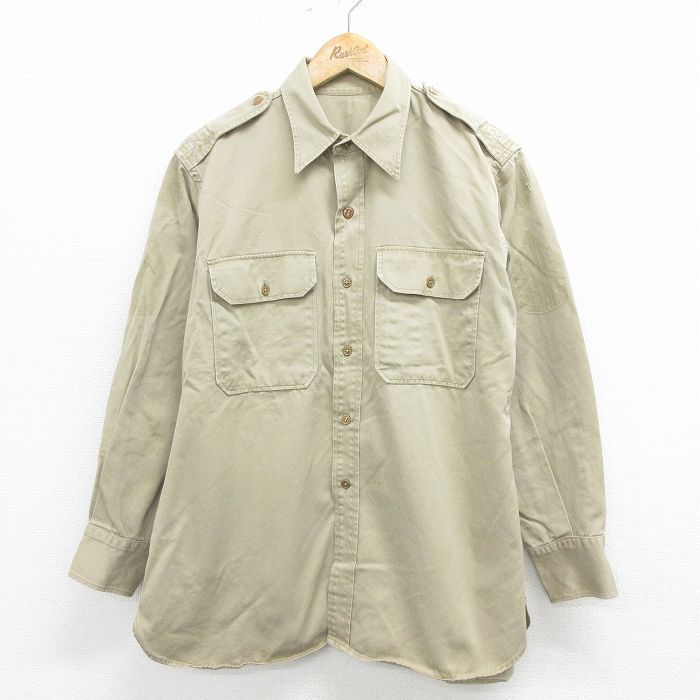 L/古着 長袖 ビンテージ ミリタリー シャツ メンズ 50s マチ付き コットン ベージュ カーキ 24aug23 中古 トップス
