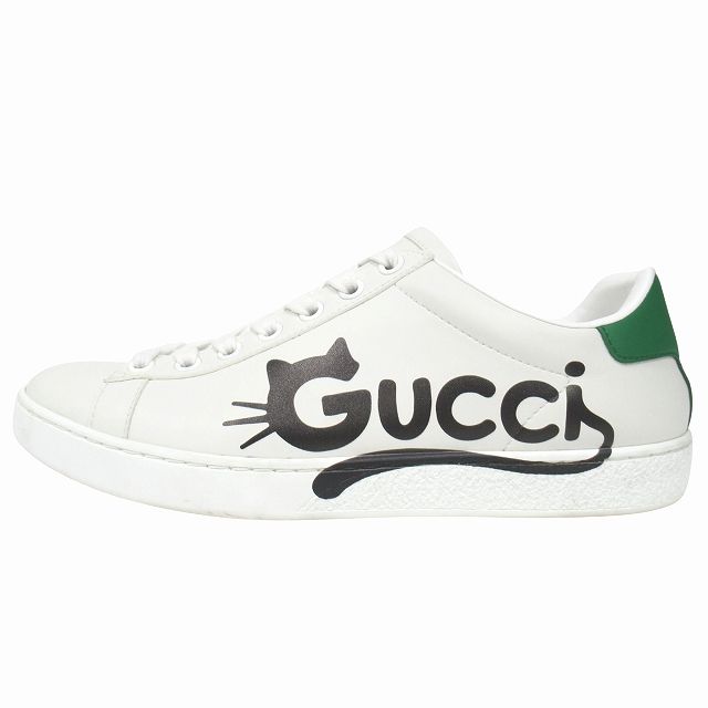 美品 グッチ GUCCI レザー スニーカー シューズ 靴 ローカット キャット 猫 ロゴ 659912 サイズ36 23cm ホワイト/グリーン レディース