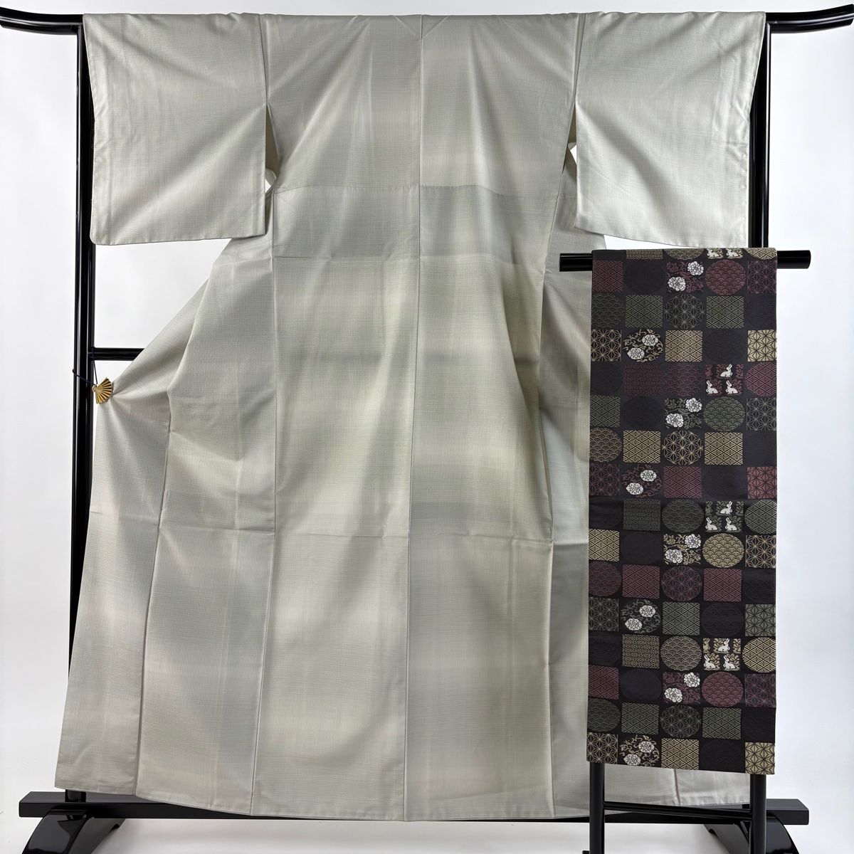 紬 身丈160.5cm 裄丈65.5cm M 袷 名古屋帯セット 幾何学模様 灰緑 正絹 秀品