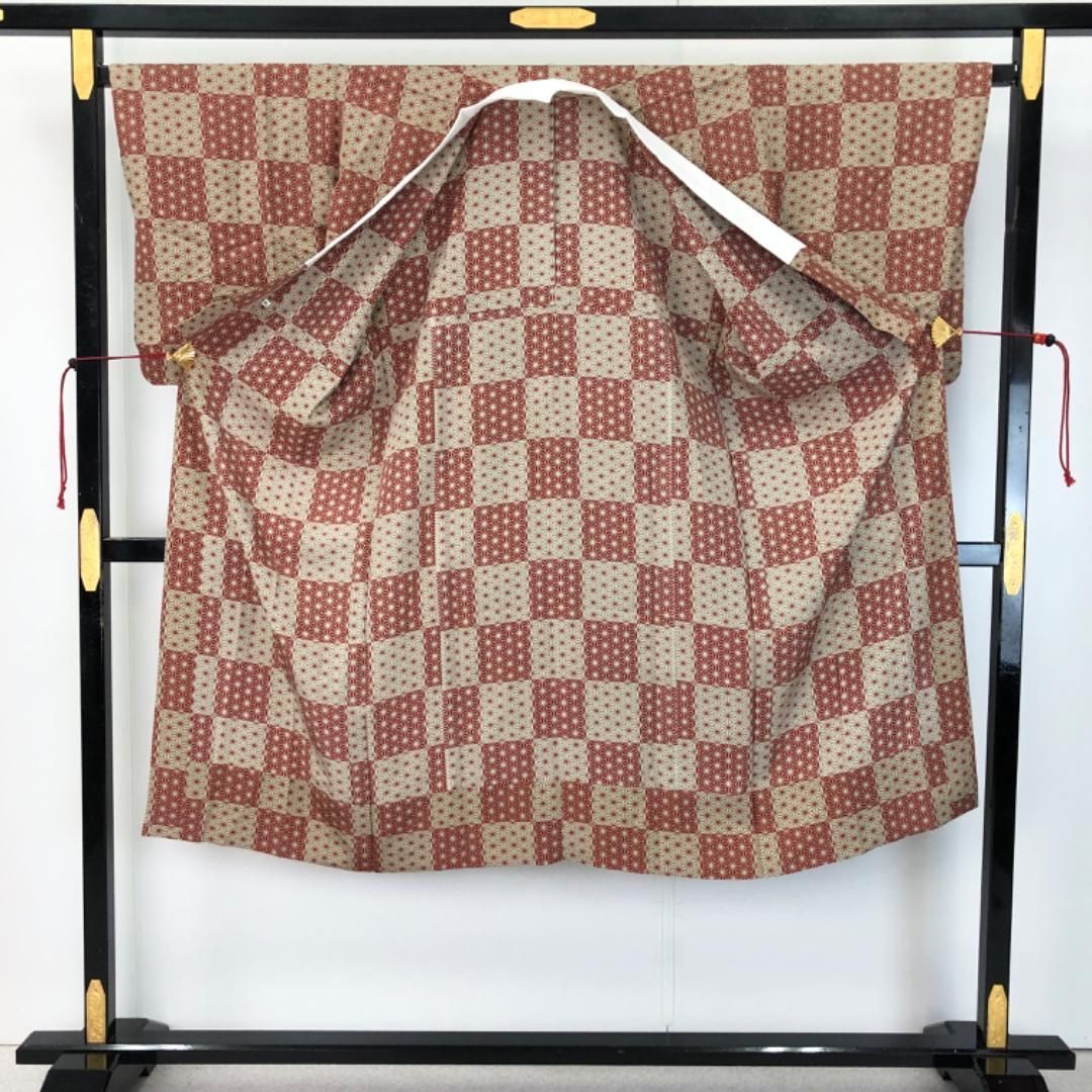 長襦袢 単衣 格子 麻の葉模様 薄裏柳色 縮緬 半衿付 J-343