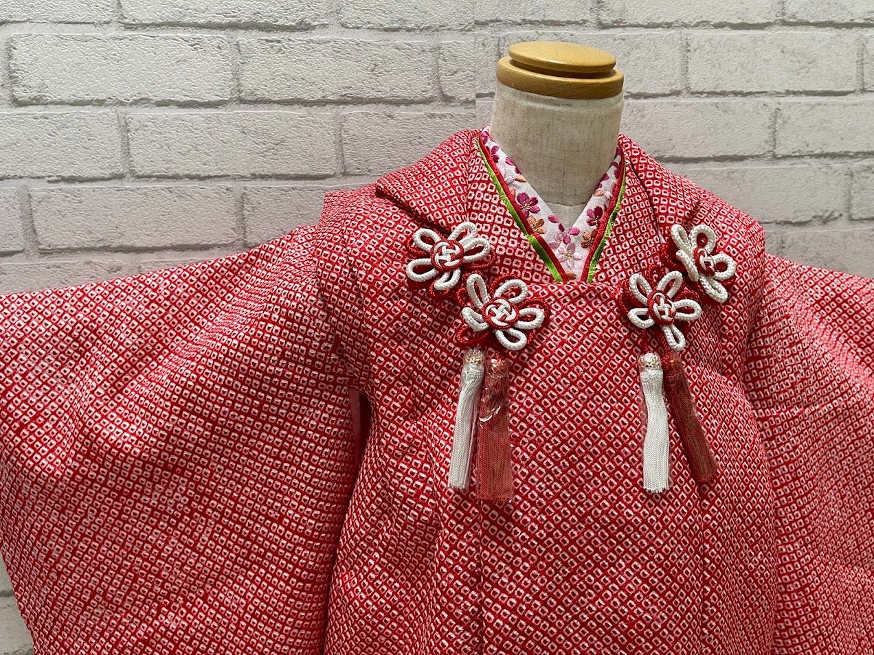 七五三 3歳 セット 絞り 着物 正絹 被布 三歳　お宮参り 京美 七五三 被布 絹100％ 正絹 着物 3歳 赤色 まり 総鹿の子四