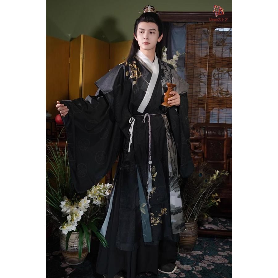 激安で高品質＆送料無料！ 中華コスプレ衣装 大人 男女兼用 明朝 漢服 チャイナ服 振り袖 ロング丈 二重 交差襟 ブラウス 腰紐 山水 水墨 金色の蓮 ハス 道士 僧侶 ロ ハロウィン BJ0929ML
