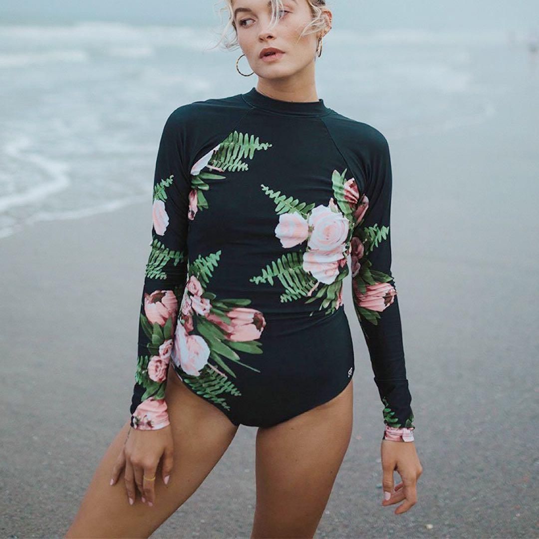 レディースワンピース水着 おしゃれ花柄 長袖 サーフスーツ