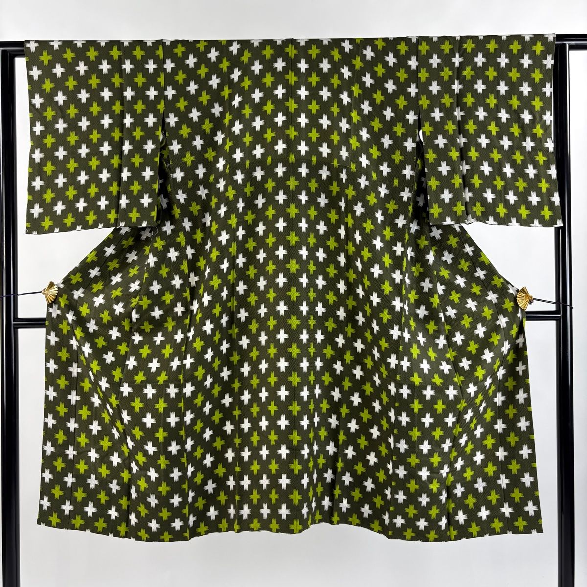 長襦袢 身丈122cm 裄丈61.5cm S 幾何学 茶緑色 正絹 秀品