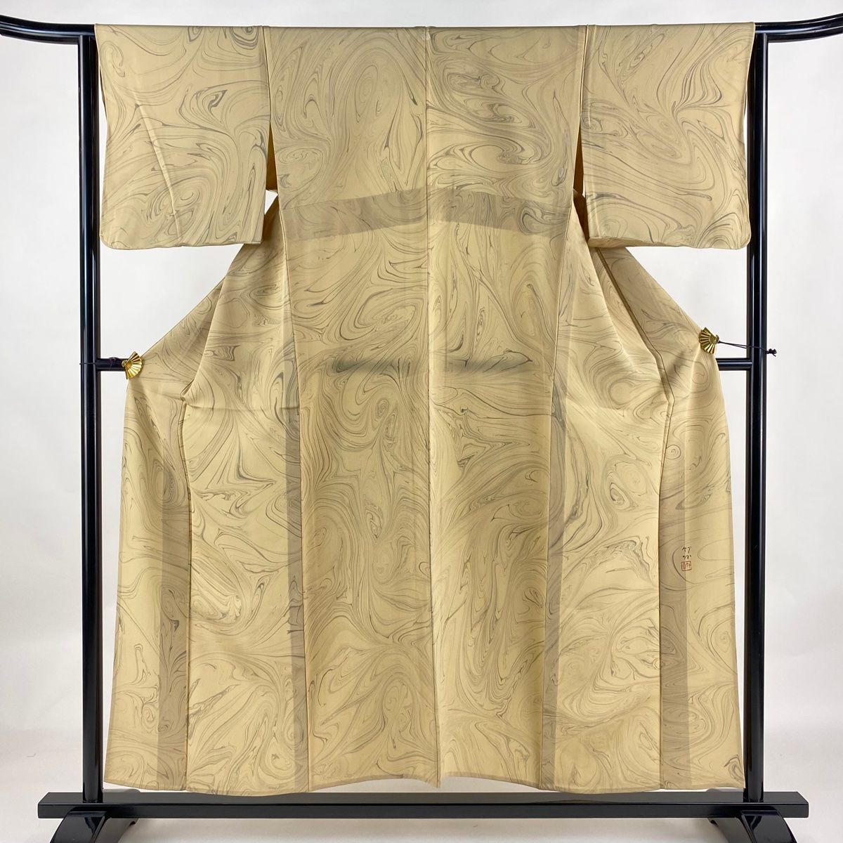 小紋 身丈153cm 裄丈65cm M 単衣 落款 墨流し ベージュ 正絹 名品 一つ紋