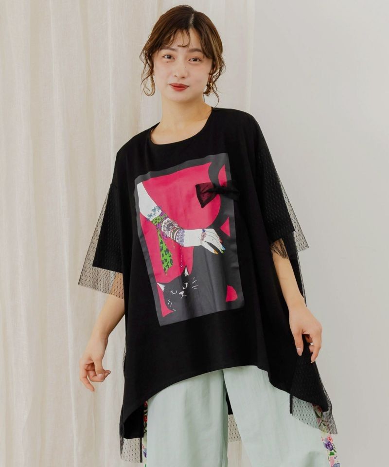 ScoLar ス ネコ撫でプリント×ドットチュール重ねチュニック アイボリー ブラック 152630