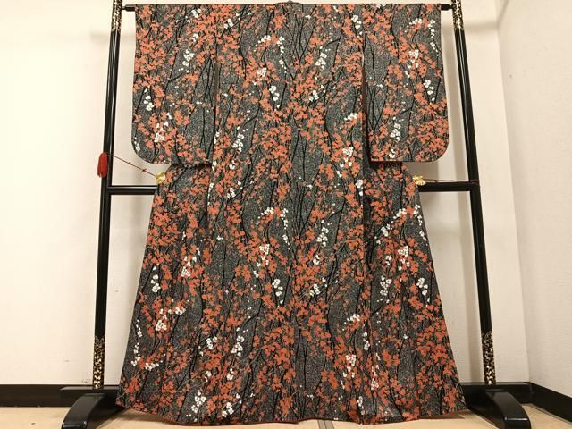 平和屋着物●小振袖 二尺袖 枝花文 たたき染め 黒地 正絹 AABB7257ph