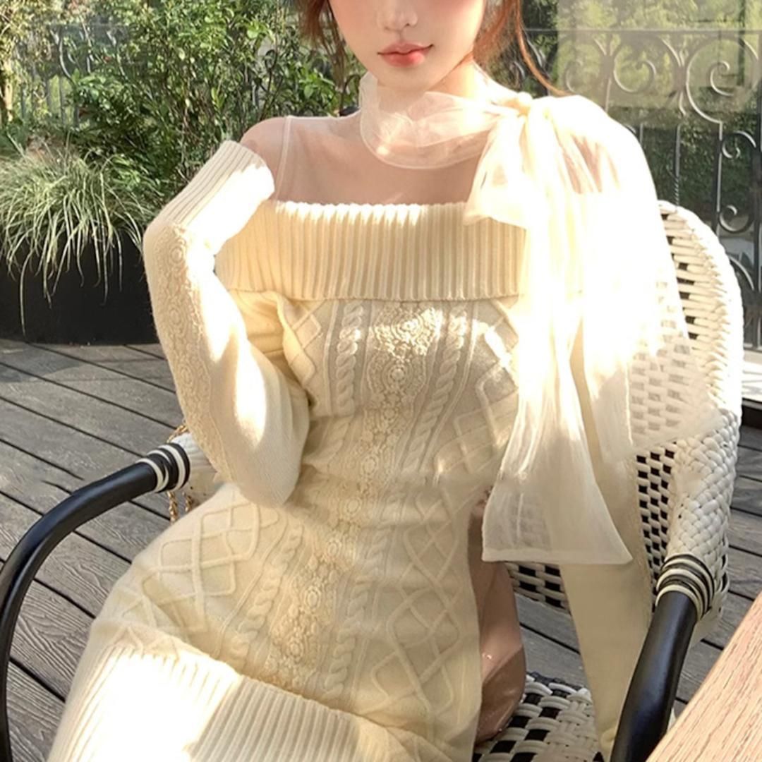 韓国♡愛される 綺麗め♡ チュール ドッキング リボン ニット