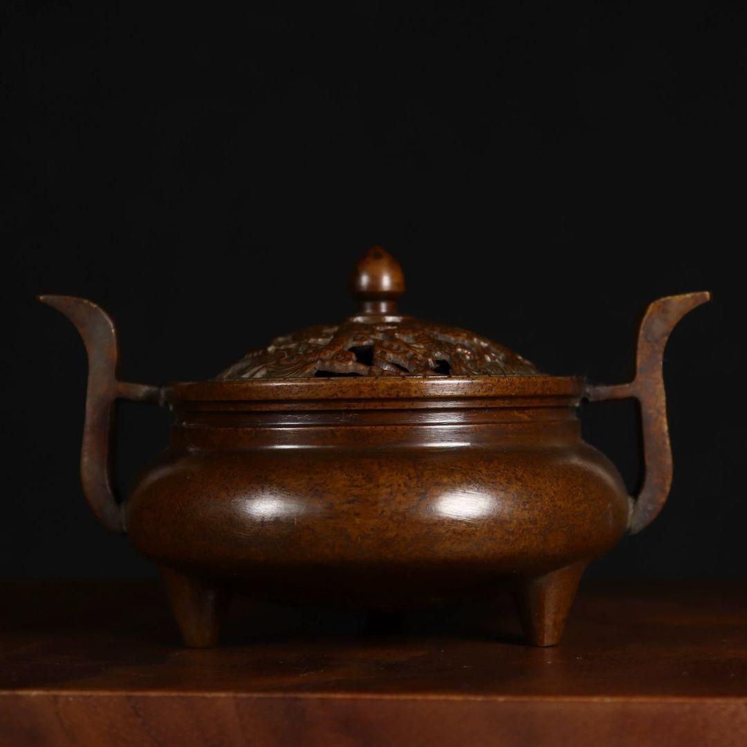 銅製 官帽耳竜底薫炉 茶道具 香道具 室内薫香炉 装飾品 工芸品