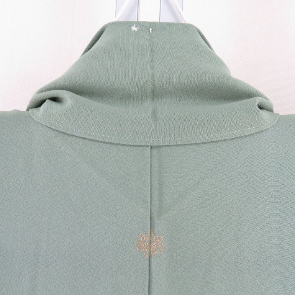 訪問着 刺繍 ぼかしに花文様 緑色 茶色 袷 広衿 正絹 一つ紋 五三桐文