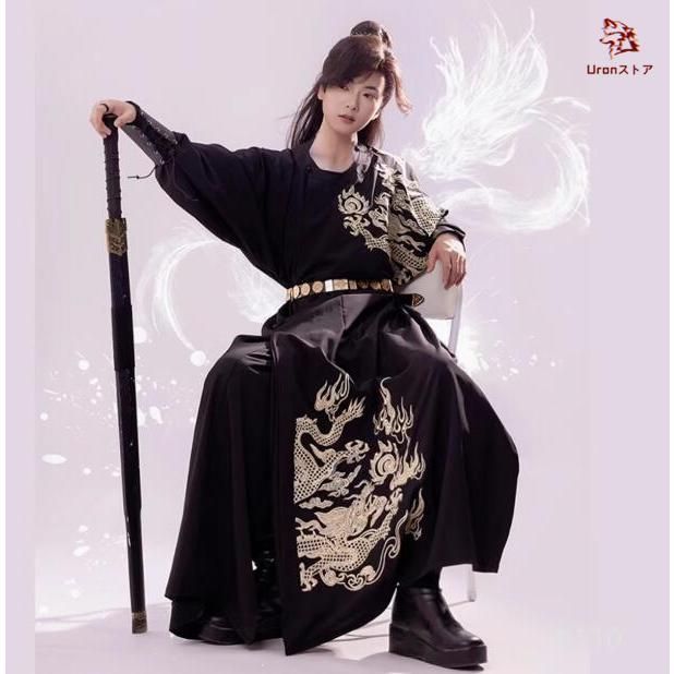 ♥ チャイナ服 中華コスプレ衣装 龍プリント おしゃれ 一式 中華コスチューム メンズ 漢服 中華服 ロング丈 ミモレ丈 中華ブラウス 黒 華 BJ0903ML369