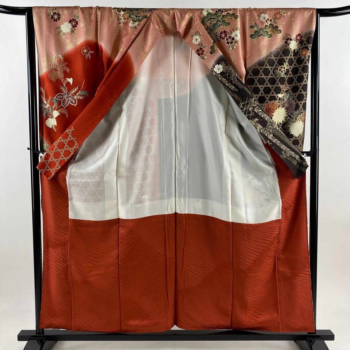 親しみある 振袖 身丈158cm 裄丈63.5cm S 袷 花筏 籠目 金糸 金彩 茶紫 正絹 秀品 ☆安心の全品国内発送！