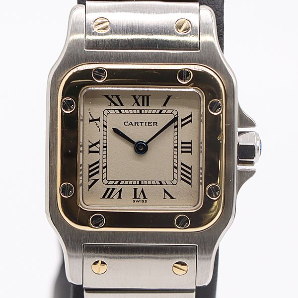 デッドストック級 稼働 カルティエ W20012C4 サントスガルベ SM QZ アイボリー文字盤 レディース腕時計 6108630 10GTT KMR ABC16832