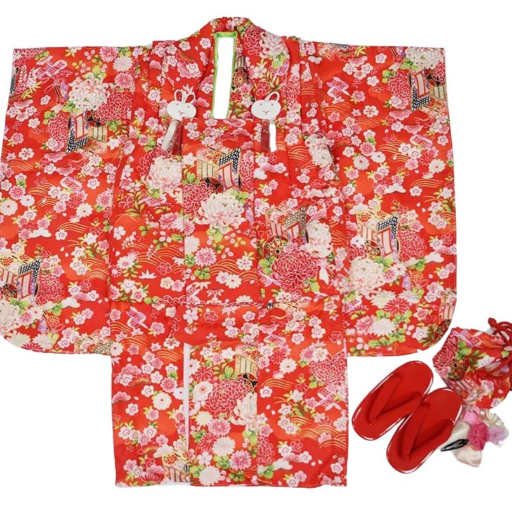 七五三用 三歳用 赤い？朱色の着物と黄色被布襦袢付 百貨店誂 七五三