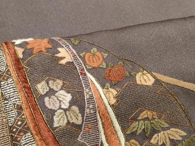 平和屋着物▽訪問着 単衣 総刺繍 草花文 金糸 正絹 逸品 AAAW1587fy