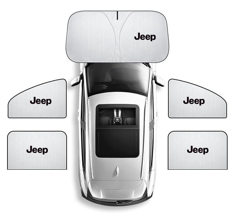 車用サンシェード ジープ Jeep ロゴ 5枚セット フロントサンシェード 前席 後部座席  車中泊 車窓日よけ 防虫ネット 紫外線 UVカット 遮光 内装 仮眠  授乳